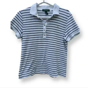 Lauren Ralf Lauren Women's Short-Sleeve Striped Quarter Button-up Polo Shirt Med